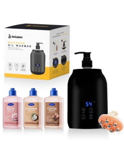 Bolusso Massage Olie Verwarmer - 3x Body Oil: Roos, Cacao, Kokosnoot - 2x Dispensers (250ml)